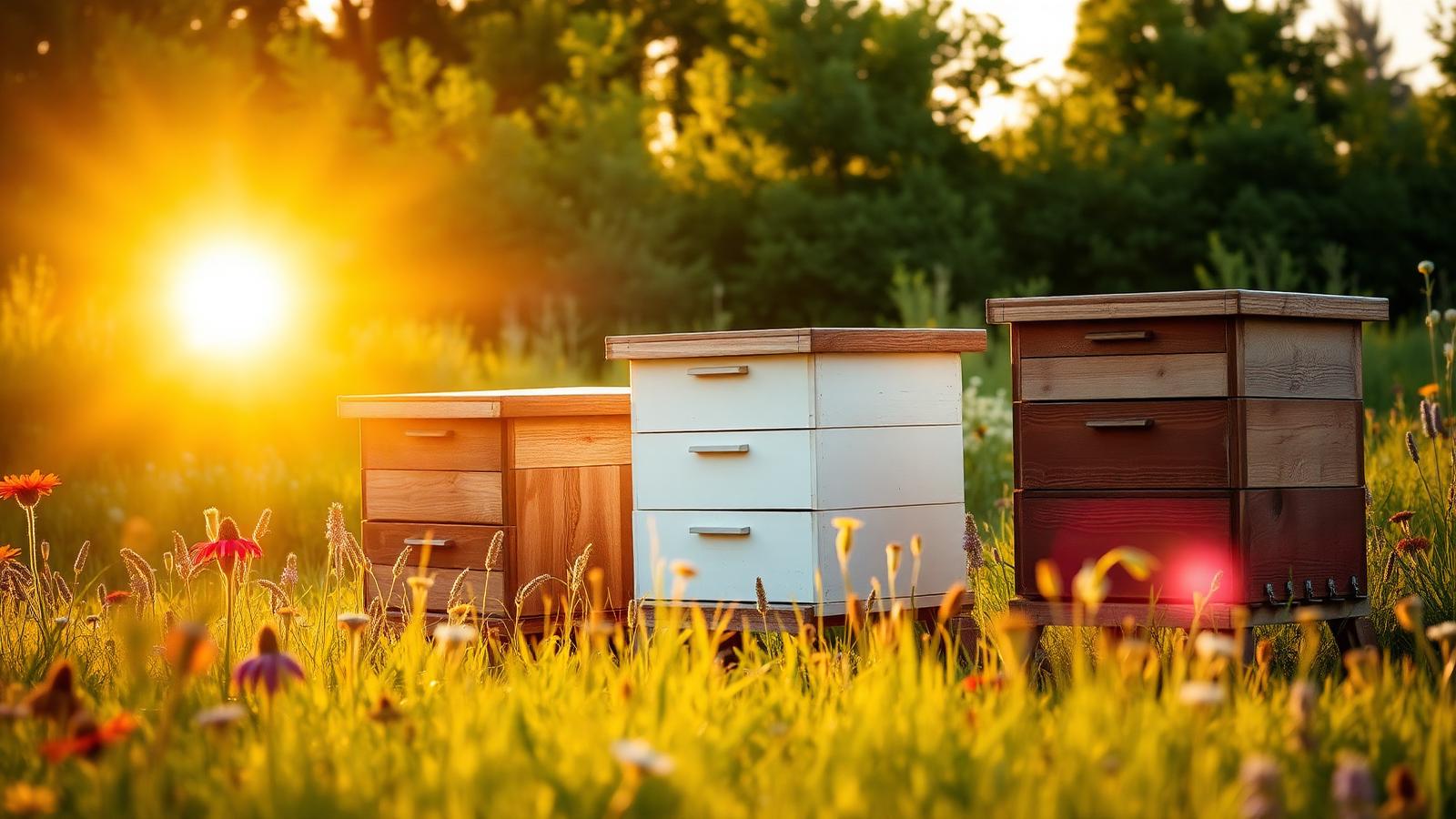 Verschillende bijenkasten in een zonnige bloemenweide