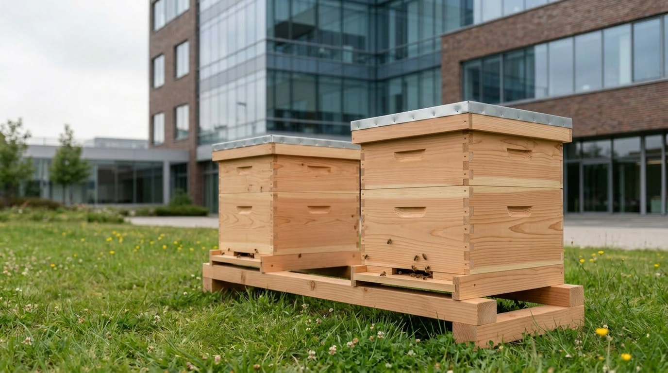 Bijenkasten naast een modern kantoorgebouw, zichtbaar bewijs van biodiversiteitsbeleid