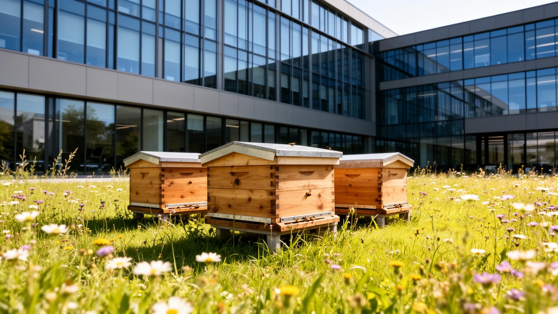 Houten bijenkasten op een bloemenweide voor een modern kantoor